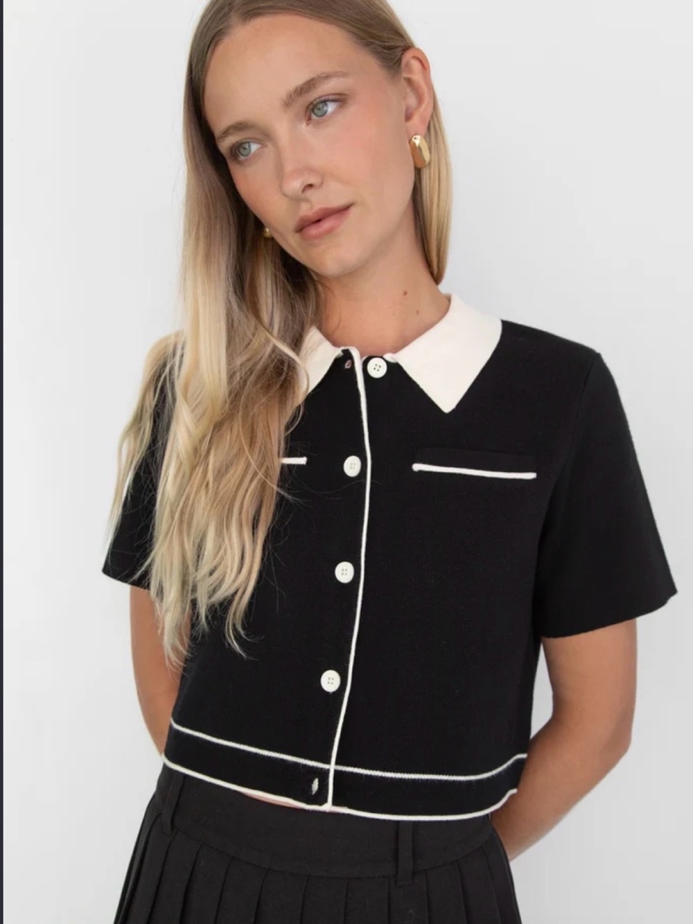 OAK + FORT Black Short-Sleeve Knit Button-Down with Cream Trim